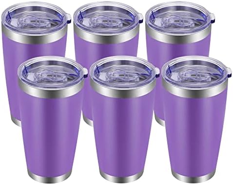 VEGOND 20oz Tumbler with Lid and Straw Stainless Steel Tumbler Cup Bulk Vacuum Insulated Double Wall Travel Coffee Mug Powder Coated Coffee Cup, Purple, 6 Pack