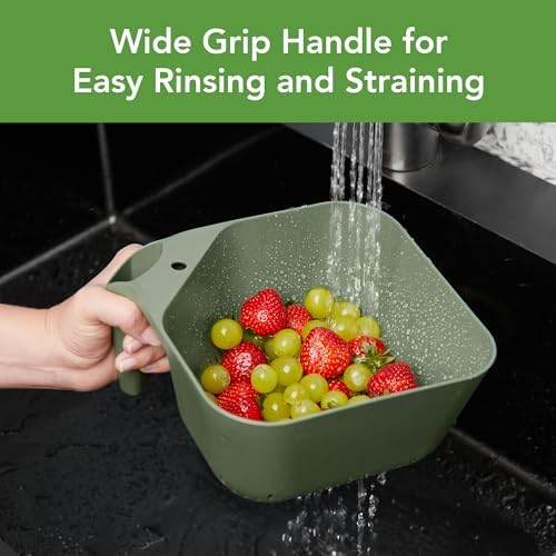 Tovolo Elements Square Colander with Handle Strainer Basket for Pasta Fruit Berries Veggies, Easy to Clean BPA Free Heat Resistant Plastic Colander with Spout 3 Quart Kitchen Strainer, Thyme Green