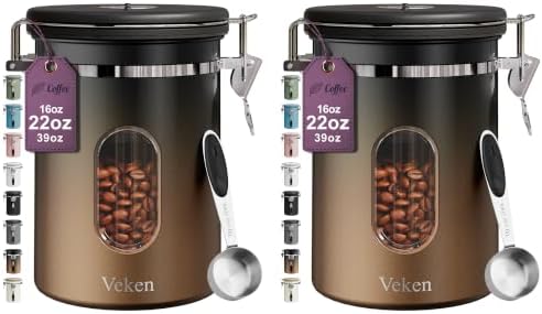 Veken Coffee Canister with Window, Airtight Stainless Steel Container,Date Tracker, Kitchen Food Storage Jars for Beans, Ground, Espresso, Rice,Tea,Sugar, Cereal, Gifts, Scoop,Copper, 22OZ (Pack of 2)