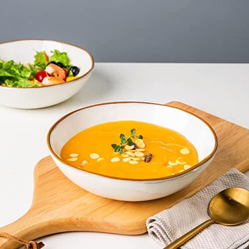 AmorArc Ceramic Cereal Bowls Set of 6, 24 oz Handmade Stoneware Bowls Set for Cereal Soup Salad Bread, Stylish Kitchen Bowls for Meal, Dishwasher & Microwave Safe, Reactive-Pearl White