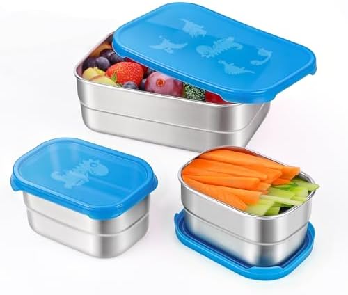 Tanjiae 3 CUP+1 CUP Stainless Steel Lunch Snack Containers Set | Leak Proof 304 Stainless Steel Food Containers with Silicone Lids - Perfect Metal Lunch Box for Home and Travel (25oz+8oz*2)