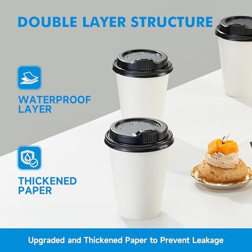 RACETOP Disposable Paper Coffee Cups with Lids, 12 oz, 100 Pack