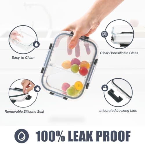 6pack, 34oz, 2 Compartment Glass Meal Prep Containers with Lids, Grey