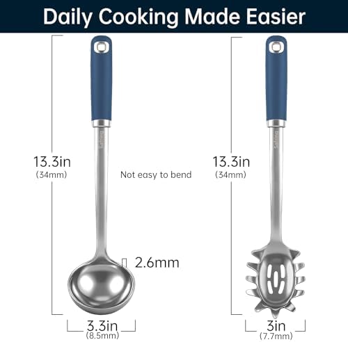 Safring Stainless Steel Soup Ladle and Spaghetti Spoon Set, Heat Resistant Rubber Handle, Dishwasher Safe, Kitchen Utensils for Cooking, Stirring, Serving Pasta, Soup & Sauce (Blue)