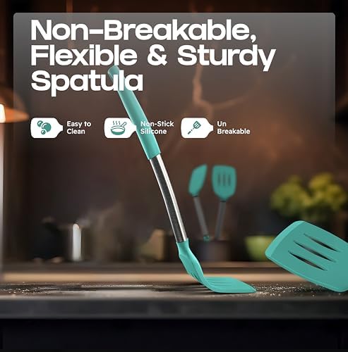 BakeRoyal Silicone Spatula Set - Turner Spatulas Silicone Heat Resistant 600°F - Slotted & Solid Spatula for Cooking Fish, Eggs, Pancakes Flipper – Spatulas for kitchen use – Turquoise