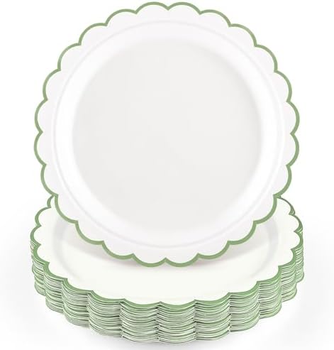 NatNarr 30 Pk Sage Green Paper Plates 9" Scalloped Green White Party Plates