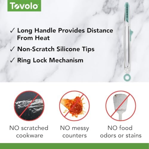 Tovolo Tongs With Silicone Tips Easy Grip 13” Long Kitchen Tongs Stainless Steel Handle For Cooking, Non Scratch Heat Resistant Metal Silicone Tipped Dishwasher Safe BPA Free Aqua Seafoam Green