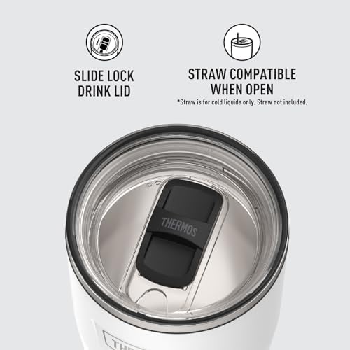 THERMOS Icon Series 24oz Stainless Steel Tumbler with Slide Lock Lid, Leakproof, Fits Cupholder, Dishwasher Safe, Griptec™ Non‑Slip Base, Keeps Drinks Hot 6 Hrs/Cold 22 Hrs, Snow