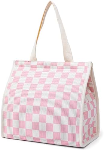 Insulated Lunch Bag for Work, 10.2"x5.9"x10.2" Oxford Waterproof Lunch Tote, Thermal Lunch Box for Office, Picnic & Outdoor, Striped Canvas Tote Bag -Check Pink