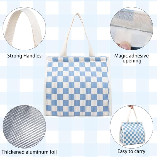 Insulated Lunch Bag for Work, 10.2"x5.9"x10.2" Oxford Waterproof Lunch Tote, Thermal Lunch Box for Office, Picnic & Outdoor, Striped Canvas Tote Bag -Check Blue