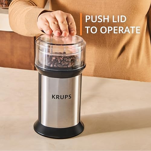 KRUPS Electric Blade Coffee Grinder 1.6 Oz, Adjustable Coarse to Fine for the Perfect Espresso, Grind Coffee Beans, Spices & Herbs, Removable Dishwasher Safe Bowl, Stainless Steel