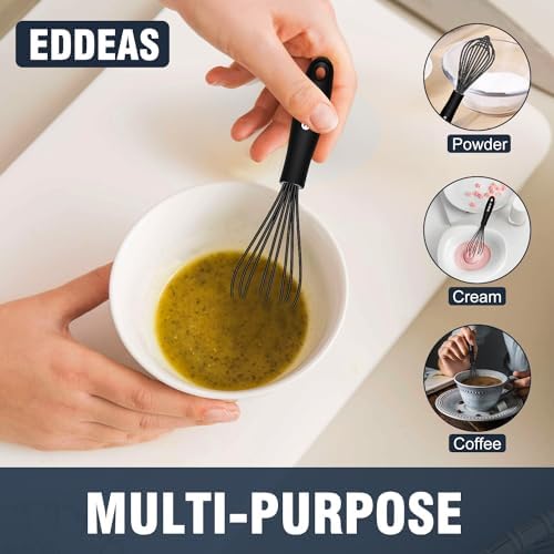 Eddeas Mini Silicone Whisk, Small Silicone Whisk 7+9in, BPA free Non Scratch Coated Protect your Ceramic Pots and Pan.Perfect for Whisking, Beating, Mixing.Black
