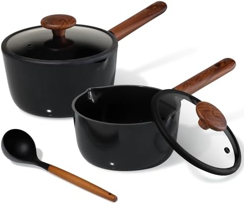 CAROTE 2QT & 3QT Sauce Pan Sets with Lid & Ladle Ceramic Nonstick Pot Set Non Toxic Saucepan Small Kitchen Cooking Pots, Easy to Clean, Induction Comptable, PFAS PTFE Free, Black