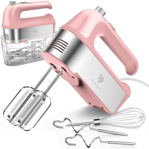 Hand Mixer Electric, 450W Kitchen Mixers with Scale Cup Storage Case, Turbo Boost/Self-Control Speed + 5 Speed + Eject Button + 5 Stainless Steel Accessories, For Easy Whipping Dough, Cream, Pink