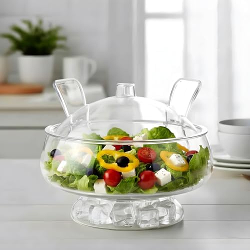 Amazing Abby - Ice Bed - Acrylic 5-Quart Salad Bowl with Built-in Ice Base and Lid, Plastic Clear Serving Bowl with Integrated Servers, Keeping Salad Cold and Fresh for Party, Picnic, Outdoor Dining