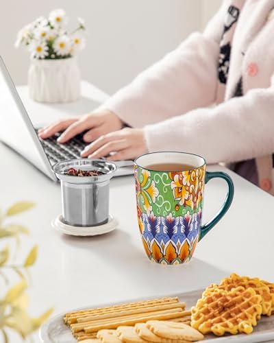 vancasso Ceramic Tea Mug with Infuser and Lid, 18 Ounce Bohemian Loose Leaf Cup, Microwave & Dishwasher Safe, Perfect for Tea, Coffee, Lime-Green Fiesta