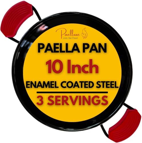 Paelluxe Paella Pan – Enamelled, No-Rust Steel Skillet – Easy-to-Clean Pan for Propane & Gas Burners – Indoor & Outdoor Cooking Cacerola Paellera Sarten – 10 Inch, for 3 Servings