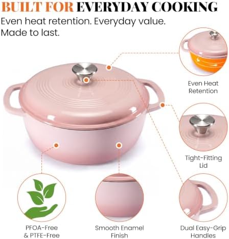 Sweetcrispy 6 Qt Enameled Cast Iron Dutch Oven Pot with Lid, Pink
