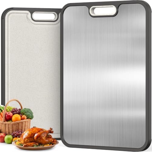 Titanium Cutting Board for Kitchen, Dual-Sided Pure Titanium Surface & Food-Safe PP Chopping Board, Non-Porous, Odor Resistant, Juice Groove, Grinder, Anti-Slip Edges, Easy Clean, 16 x 11 Inch