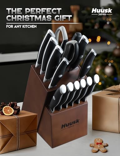 Huusk Kitchen Knife Block Set - Chef Knife Set with Acacia Block Black 14PC