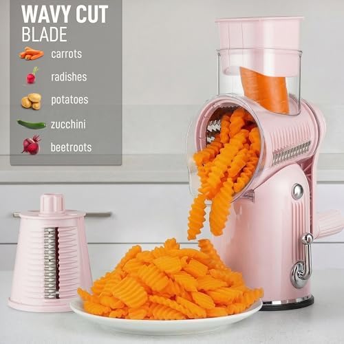 Rotary Cheese Grater Manual Hand Crank 5 Blade Shredder, Classic Pink