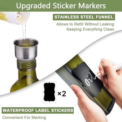 Leaflai Olive Oil Dispenser Bottle, 1 Pcs Green Glass Olive Oil Dispenser and Vinegar Dispenser Set with 2 Stainless Steel Pourers, 2 Labels,1 Brush and 1 Funnel Oil Bottles for Kitchen (500ml)