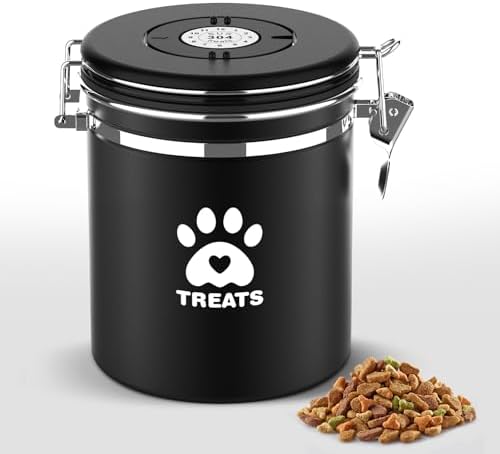 ENONCI Airtight Dog Treat Canister, 304 Stainless Steel Food Storage Jar with Date Dial Black-1.5L