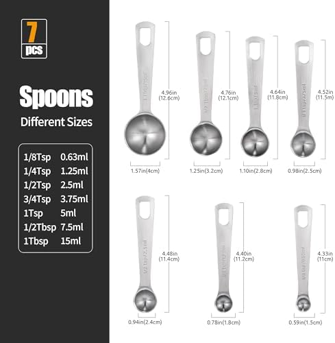 Doosu 18/8 Stainless Steel Measuring Spoons with Engraved Metric (Set of 7)