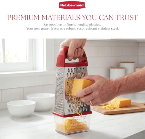 Rubbermaid EZ Grip Box Grater, Stainless Steel Cheese Grater & Container - BPA Free Multi-Surface Cheese Shredder & Food Grater for all Vegetables | Graters for Kitchen -Non-Slip Base, Dishwasher Safe