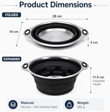 Mejoncb Collapsible Colander – Platinum Silicone Strainer with Stainless Steel Base, BPA-Free & Heat Resistant Kitchen Drain Basket (Black)