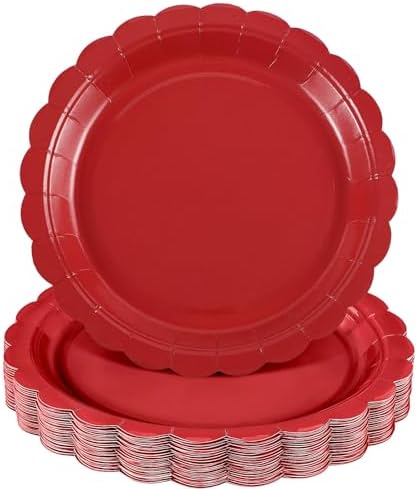 NatNarr 30 Pcs Red Paper Plates 9" Disposable Scalloped Red Party Plates