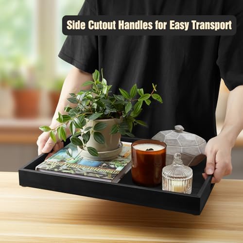 17 Inch Wood Serving Tray with Handles - Large Wooden Tray for Ottoman, Breakfast in Bed, Dinner, Coffee Table - Black Rectangular Tray for Living Room Bedroom Entryway and Kitchen