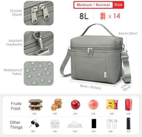NOL 8L Insulated Lunch Bag for Women, Cool gray, Medium(normal))