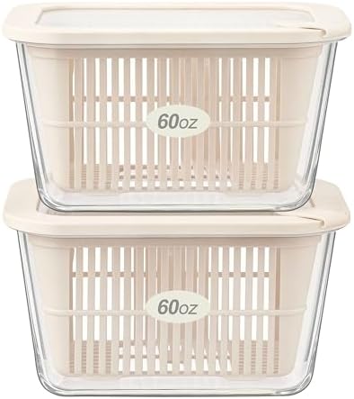 Urban Green Glass Food Storage Containers with Glass Lids, Microwave Safe Food Container Set, Aitight Meal Prep Container Set, BPA Free, 2 extra Colanders, LeakProof, 2 Pack of 60oz