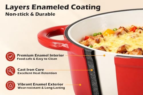 Leonyo 2-Quart Small Enameled Cast Iron Dutch Oven Pot with Lid, Red