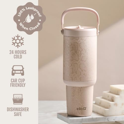 Ello Oasis Go+ 32oz Tumbler with Top Handle and Retracting Straw | Reusable Insulated Stainless Steel Cup, 100% Leakproof Water Bottle, 24 Hours Cold, Cup Holder Friendly For Travel | Python