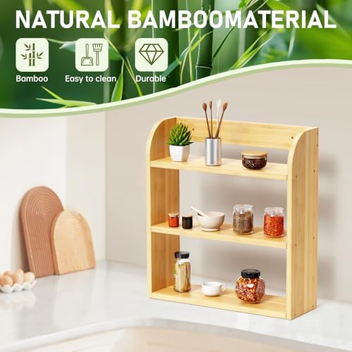 ROMGUAR CRAFT 3 Tier Bamboo Spice Rack Countertop or Wall Mounting, Natural