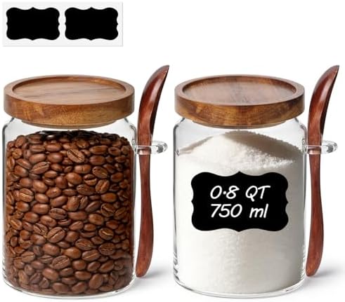 ComSaf Coffee Storage Canister with Acacia Wood Lids & Scoops 0.8Qt 2Pack