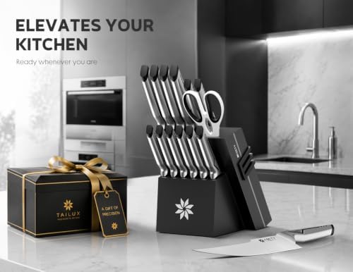 ASETY Kitchen Knife Set, 15 PCS One-Piece Stainless Steel Knife Block Set
