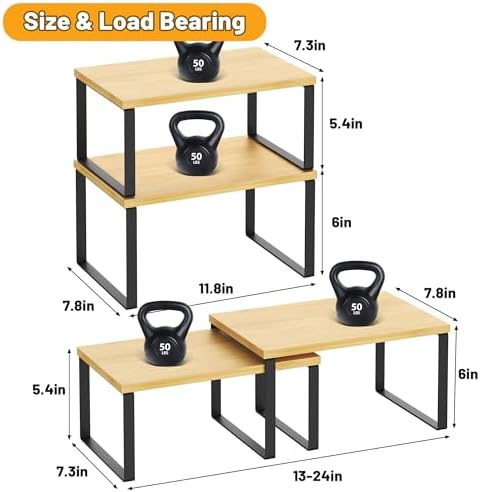 Kitchen Cabinet Organizer Shelf Set of 4, Sturdy Kitchen Counter Shelves with Metal Legs, Stackable Expandable Wood Spice Rack Pantry Cupboard Dish Mug Cup Storage Organizer Shelf,Black+Bamboo