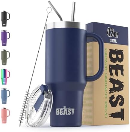 Beast 42 oz Tumbler with Handle Stainless Steel Vacuum Insulated Coffee Ice Cup Double Wall Travel Flask (Royal Blue)