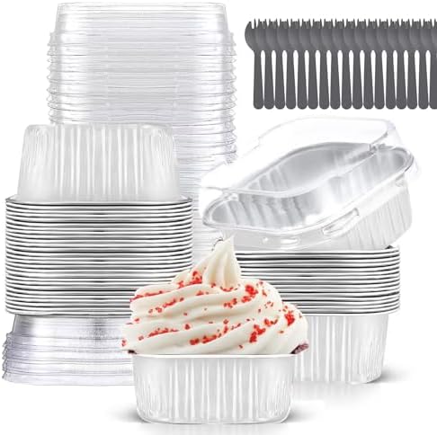 10oz Mini Cake Pans with Lids (40 Pack) Aluminum Foil Square Cupcake Liners Brownie Baking Cups,Disposable 4”x4” Large Cupcake Pan,Jumbo Muffin Tin Ramekins Holders