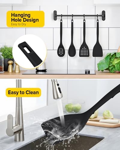 BUNDLEPRO Silicone Cooking Utensils Set, 4 Pcs Spatula and Spoon Set, Black