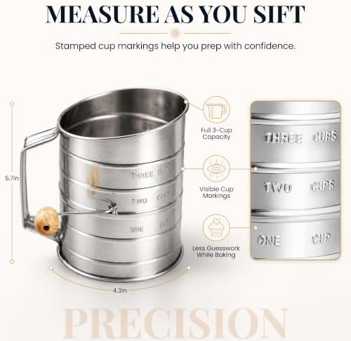Bellemain Stainless Steel Flour Sifter for Baking with Hand Crank - 3 Cup