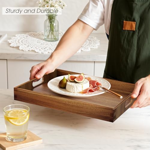 Acacia Serving Trays, Wooden Serving Tray with Handles- 2 Pack