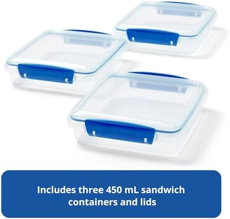 Rubbermaid Pack & Go 450 mL Sandwich Container, 3-Pack, Meal Prep Containers with Secure Seal Lids