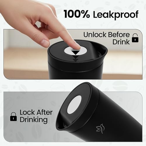 12oz Travel Coffee Mug with Lid | Insulated Stainless Steel Tumbler for Hot & Cold Drinks | Leakproof, Reusable, BPA Free, Dishwasher Safe, Cup Holder Friendly, Black