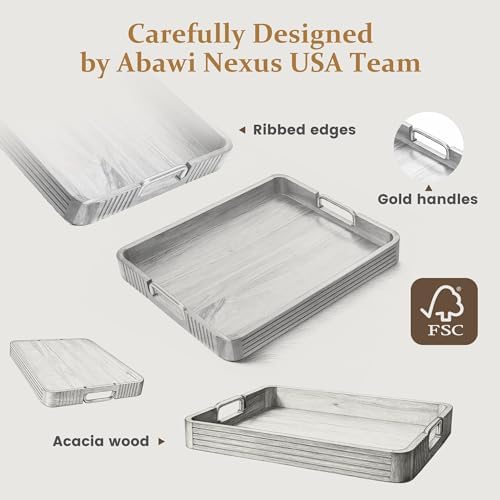 Acacia Wood Serving Tray with Gold Handles (Natural, 17" x 13" x 2")