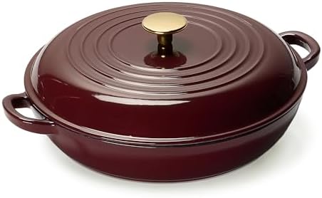 CAROTE 3.4QT Enameled Cast Iron Braiser Pan, Shallow Dutch Oven Casserole Skillets, Non-Toxic Cast Iron Pot with Lid for Grilling, Searing, Baking, Dual Handles, All Stovetop Compatible, Fig