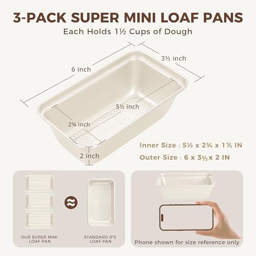 HONGBAKE 3 Pack Nonstick Mini Loaf Pans, 6 x 3.3 x 2 Inch Small Bread Pans for Homemade Bread, Tiny Banana Baking Tins with Diamond Texture, Non-toxic Mini Meatloaf Pans Set, Creamy